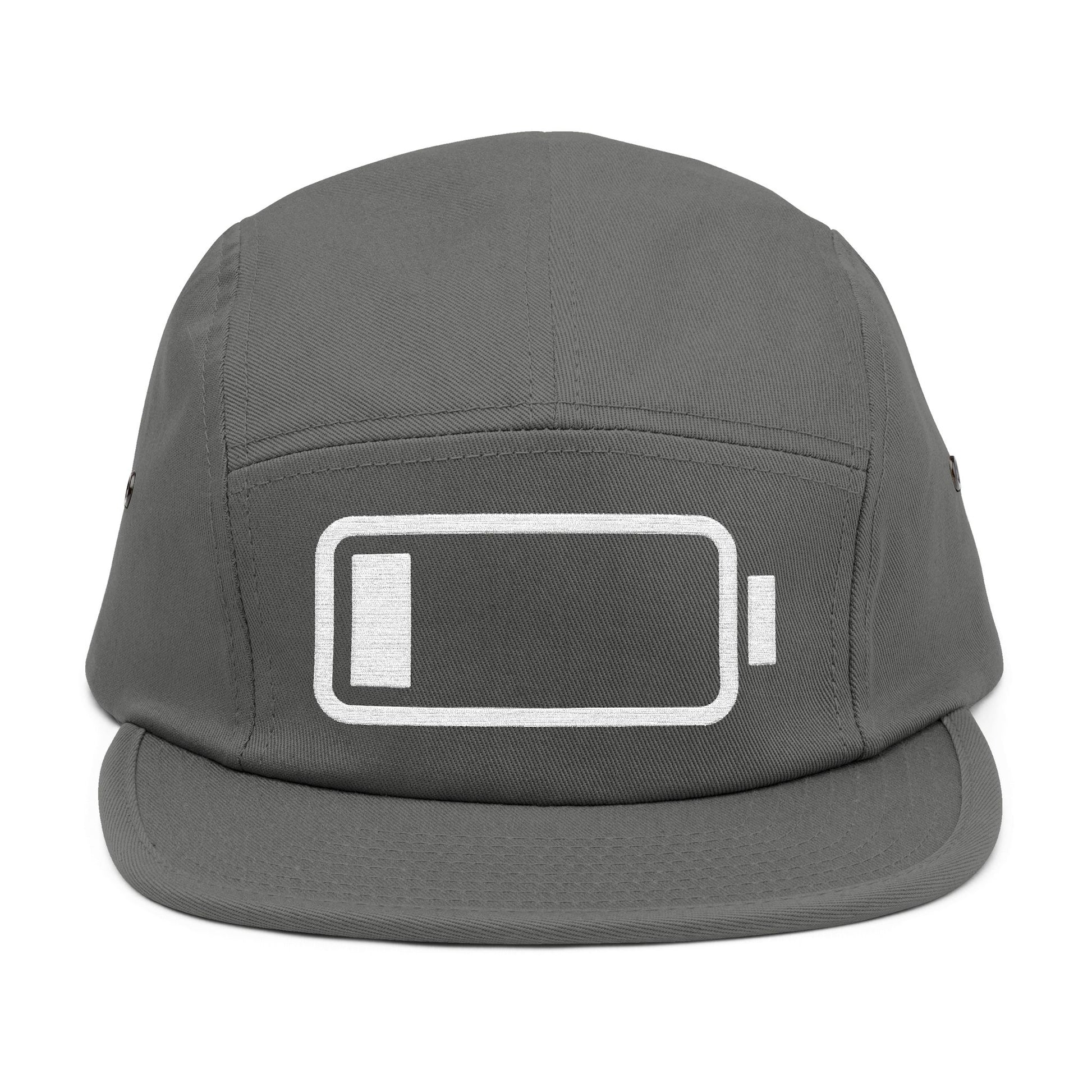 Gray cap with a battery icon on a white background. Minimal low battery icon embroidered on 5-panel cap. TEEZOCA