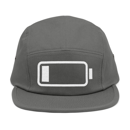 Gray cap with a battery icon on a white background. Minimal low battery icon embroidered on 5-panel cap. TEEZOCA