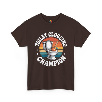 TEEZOCA brown “Toilet Clogging Champion” retro gag gift t‑shirt displayed flat.