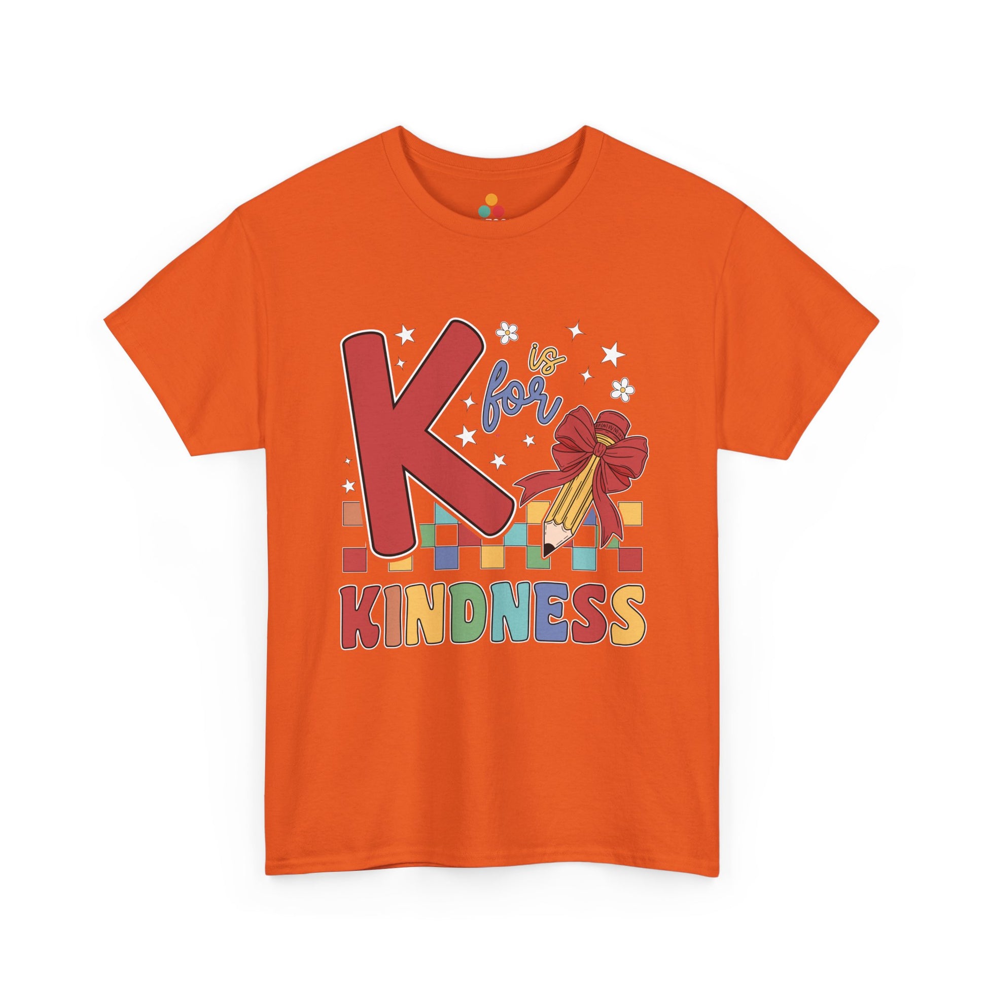 “Teezoca K is for Kindness shirt, bright red K and pencil with bow, orange tee, flat front display.”

