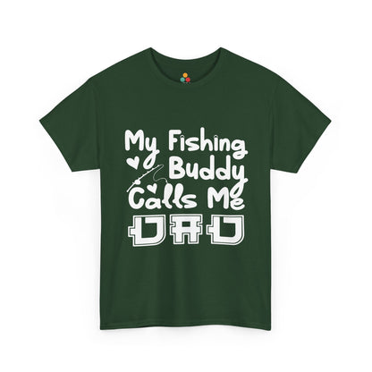 “My Fishing Buddy Calls Me Dad dark green unisex t‑shirt mockup, white bold fishing quote design centered on chest, flat front view – Teezoca print‑on‑demand listing image.”