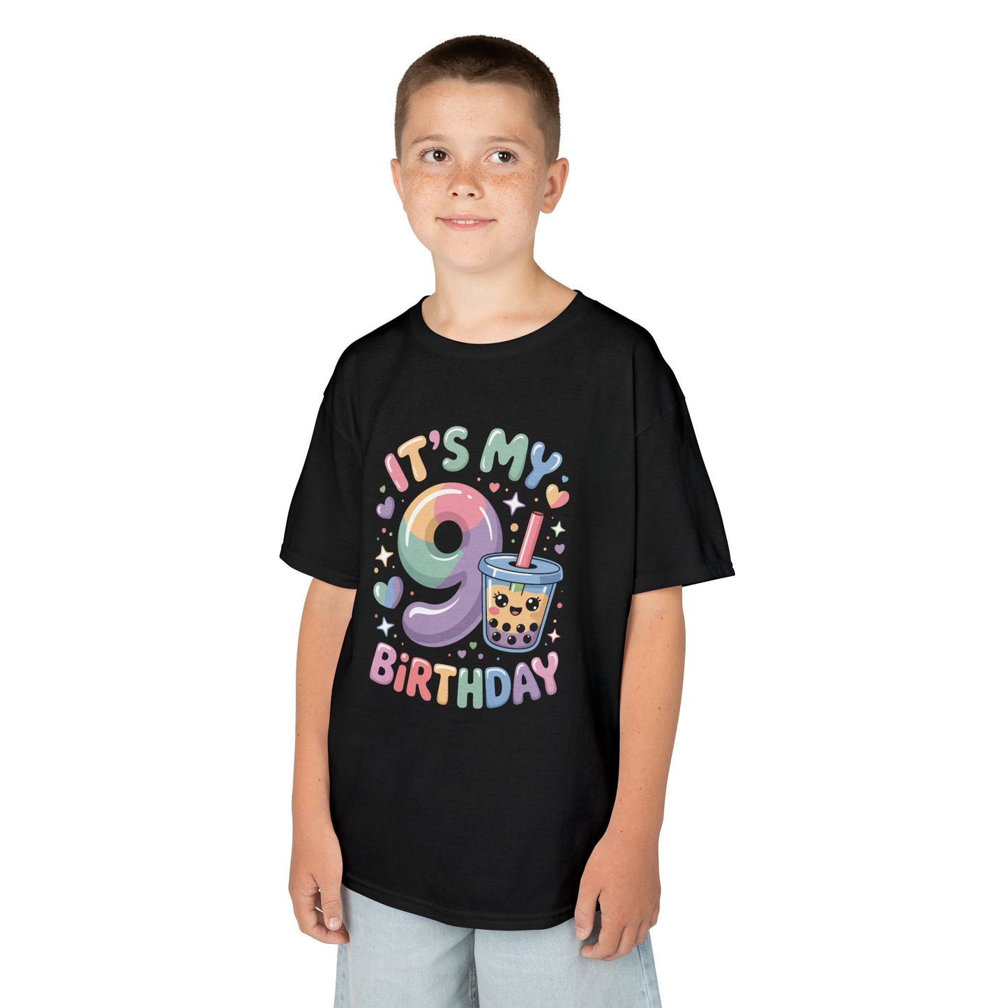 "Boy wearing black 'It's My 9th Birthday' boba tea t-shirt with cute bubble tea character, front view."
