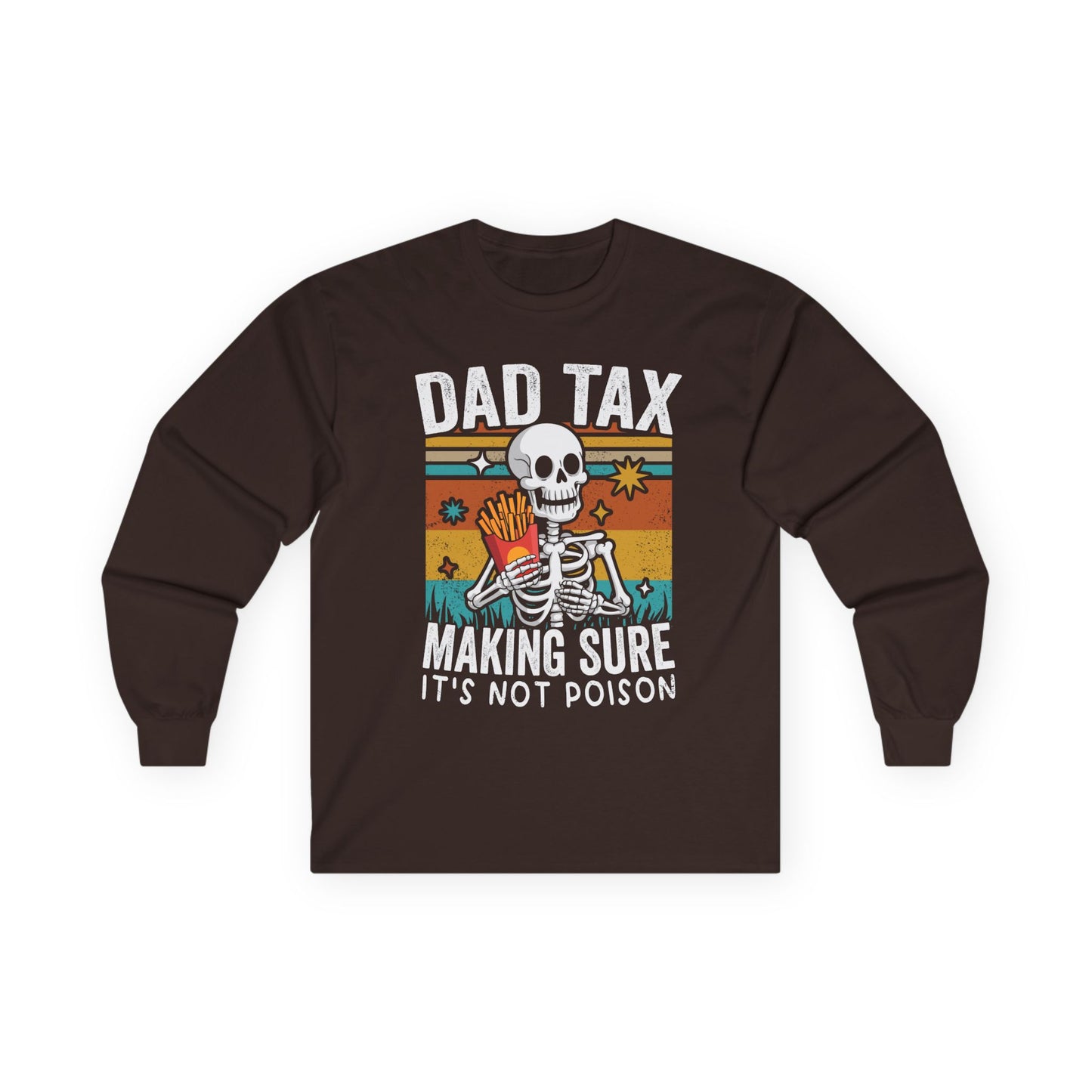 Brown long-sleeve shirt with a skeleton graphic and text on a white background