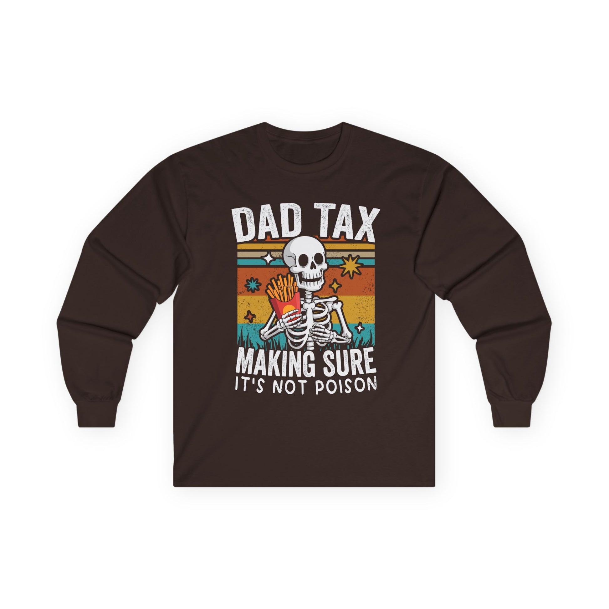 Brown long-sleeve shirt with a skeleton graphic and text on a white background