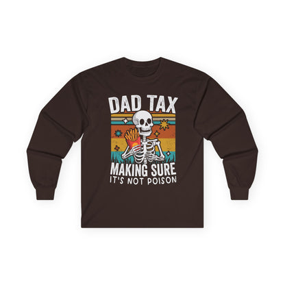 Brown long-sleeve shirt with a skeleton graphic and text on a white background