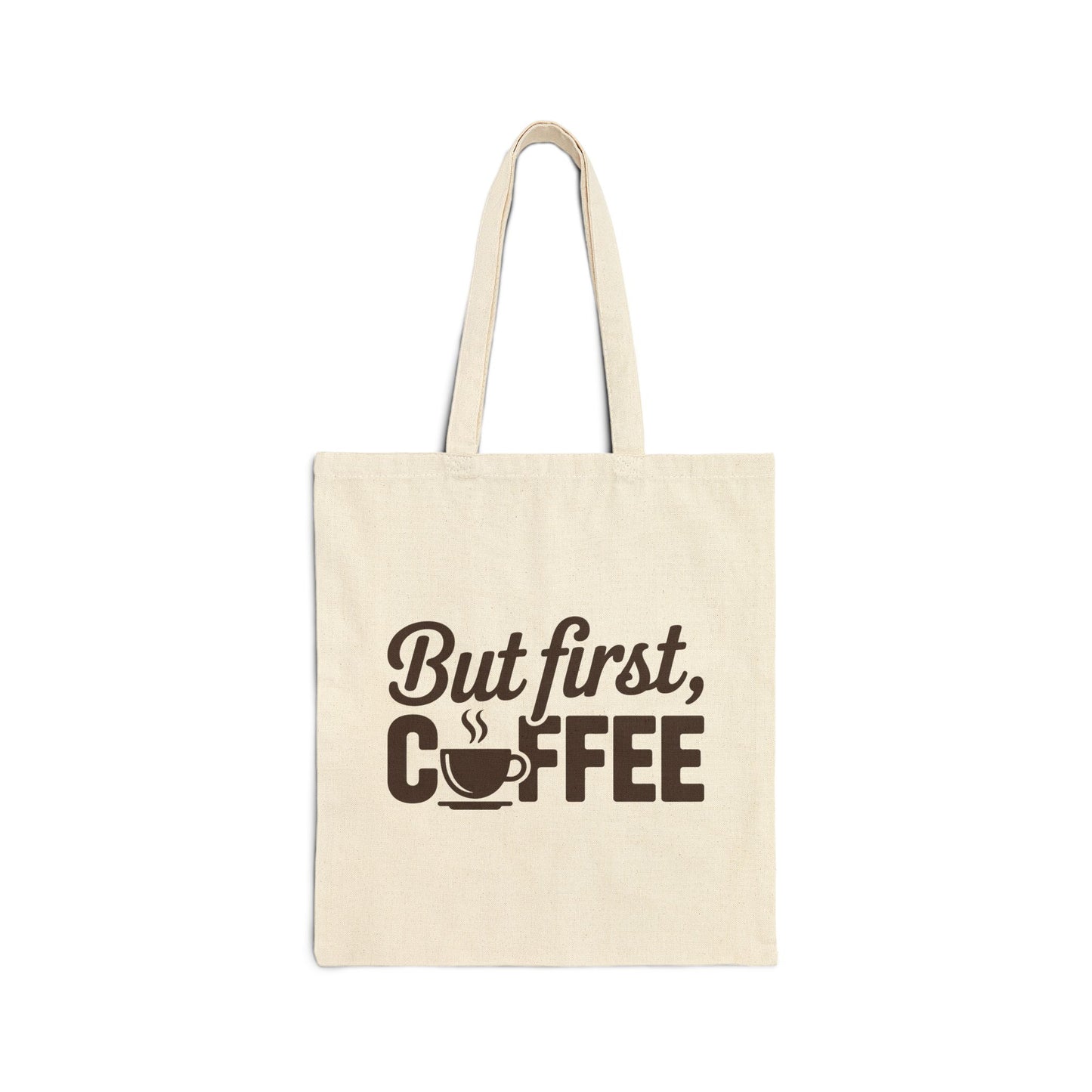 TEEZOCA tote bag with But First Coffee text and coffee cup graphic