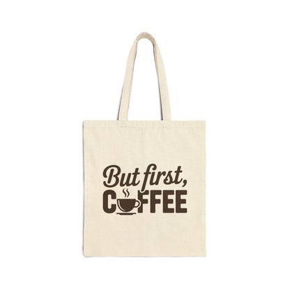 TEEZOCA tote bag with But First Coffee text and coffee cup graphic