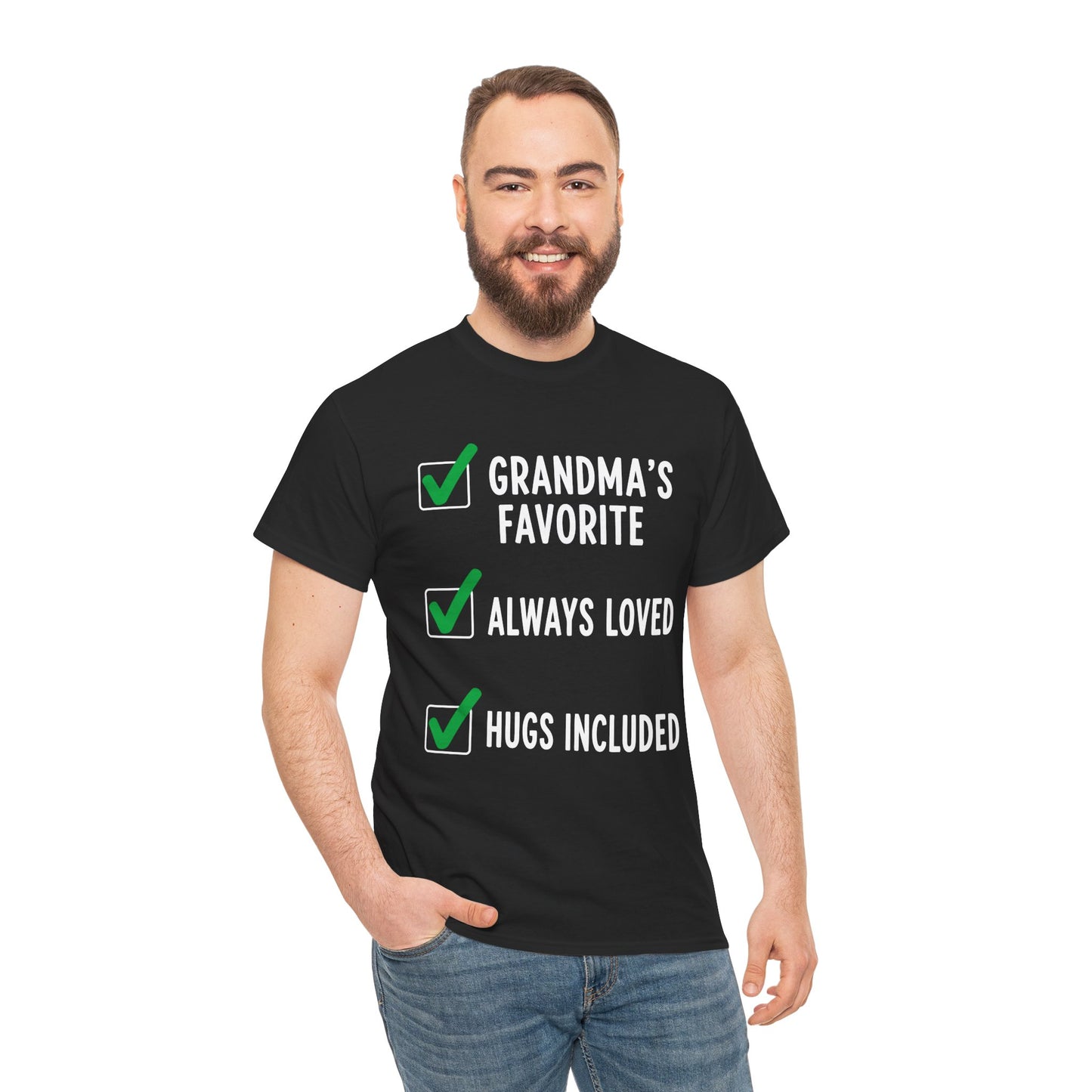 Man wearing a TEEZOCA “Grandma’s Favorite Always Loved Hugs Included” cute grandkid tee.
