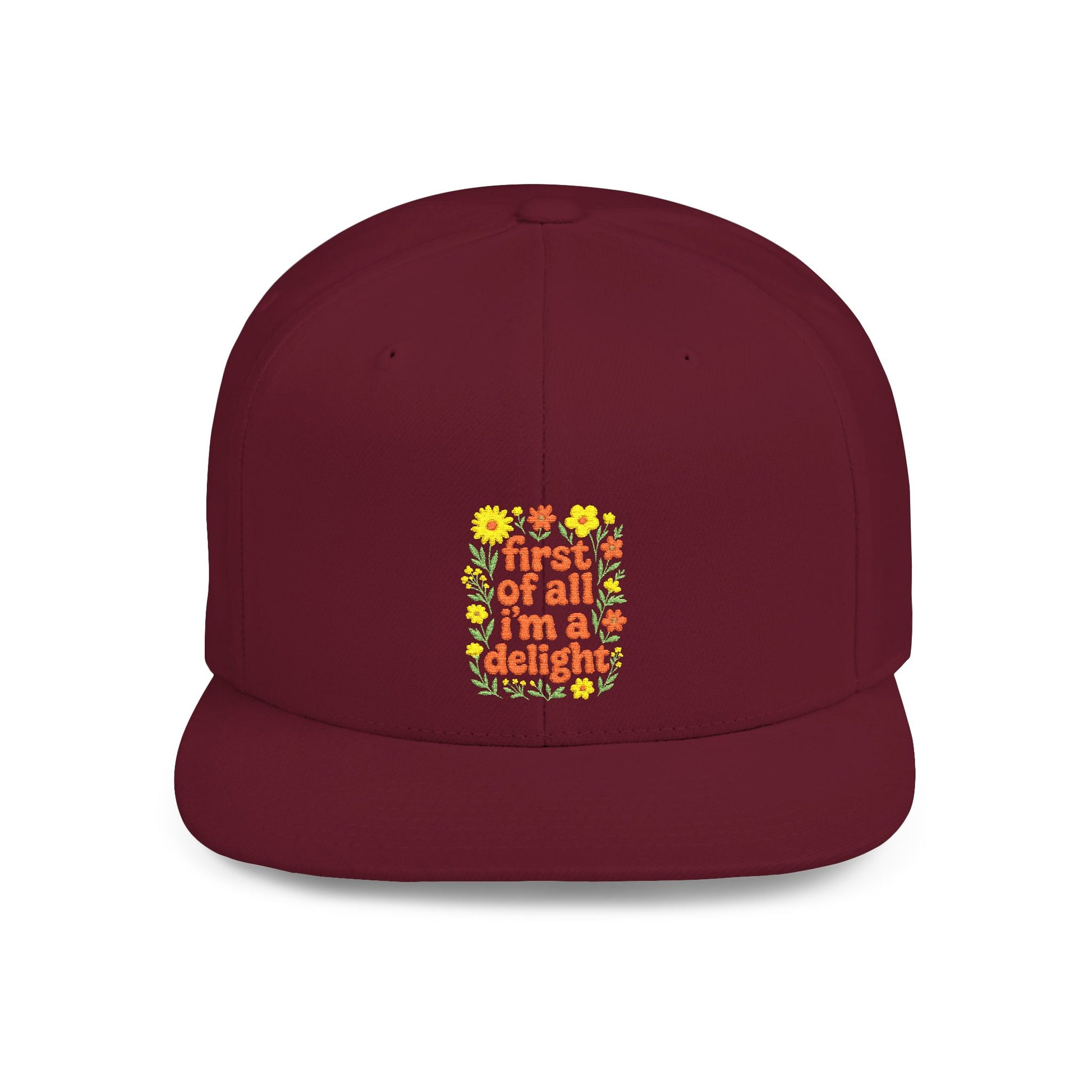 Maroon cap with colorful floral design and text on a white background