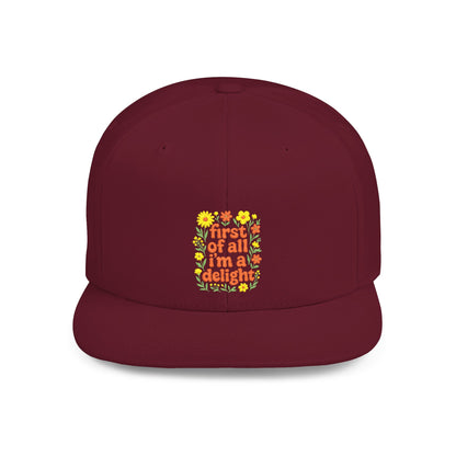 Maroon cap with colorful floral design and text on a white background