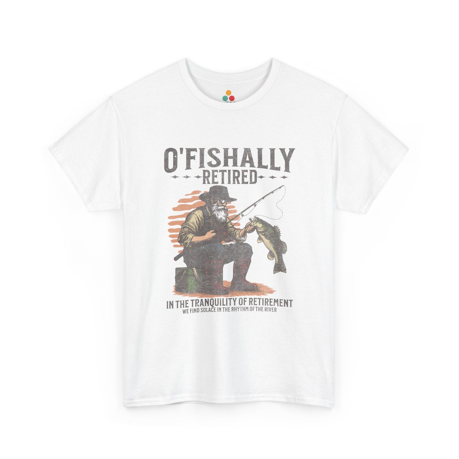 “Teezoca O’Fishally Retired fishing shirt, vintage bearded fisherman holding big bass with rod, sunset background, funny retirement tee, white front”

