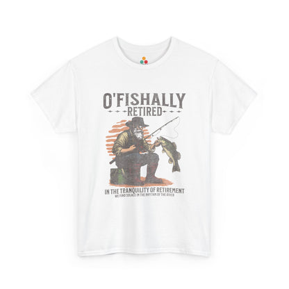 “Teezoca O’Fishally Retired fishing shirt, vintage bearded fisherman holding big bass with rod, sunset background, funny retirement tee, white front”


