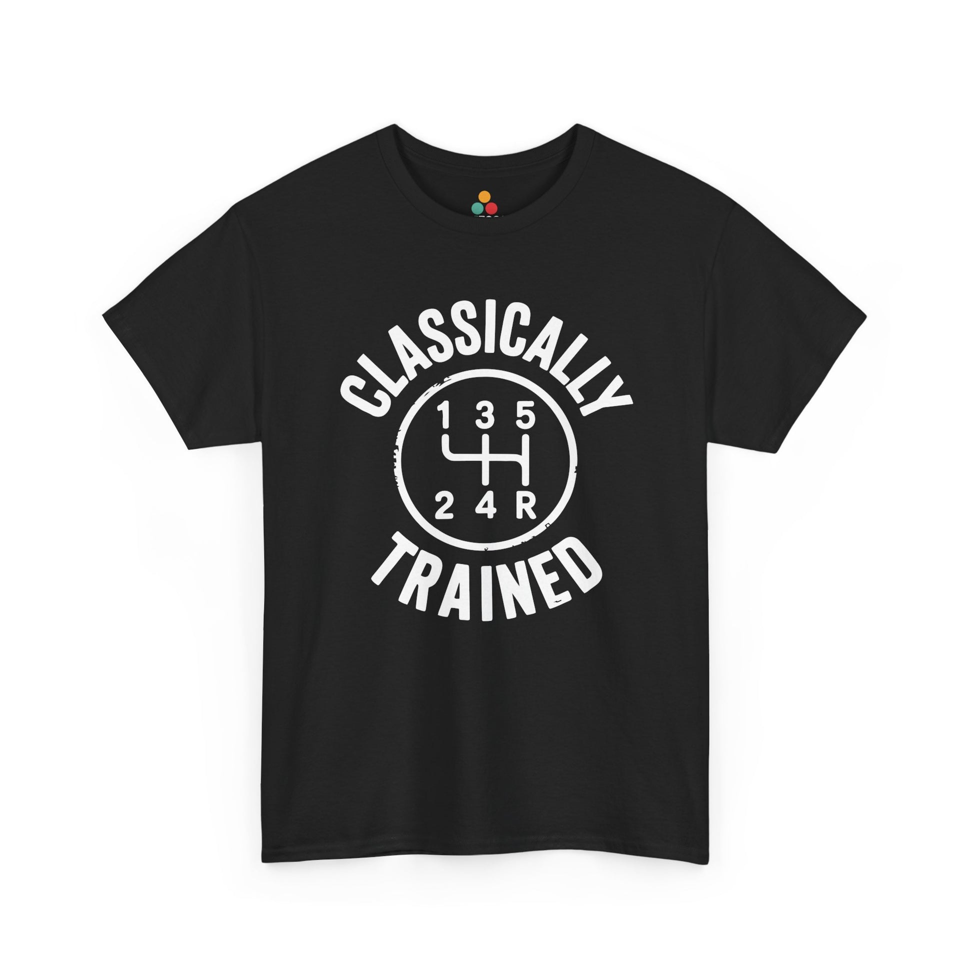  Black t‑shirt with white “Classically Trained” text around a 5‑speed stick‑shift diagram, flat front view.