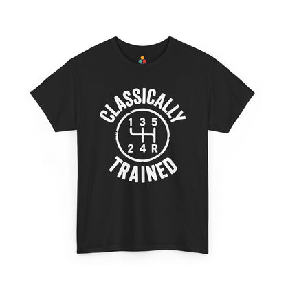  Black t‑shirt with white “Classically Trained” text around a 5‑speed stick‑shift diagram, flat front view.
