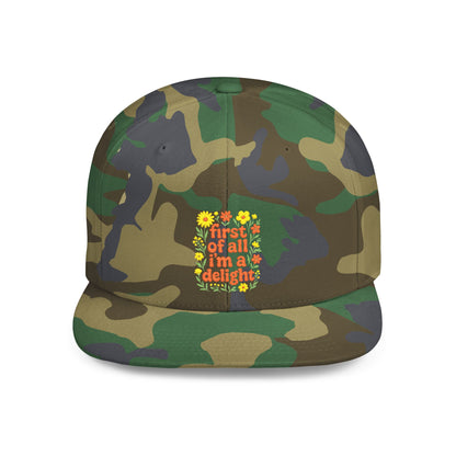 Camouflage cap with colorful text and floral design on a white background