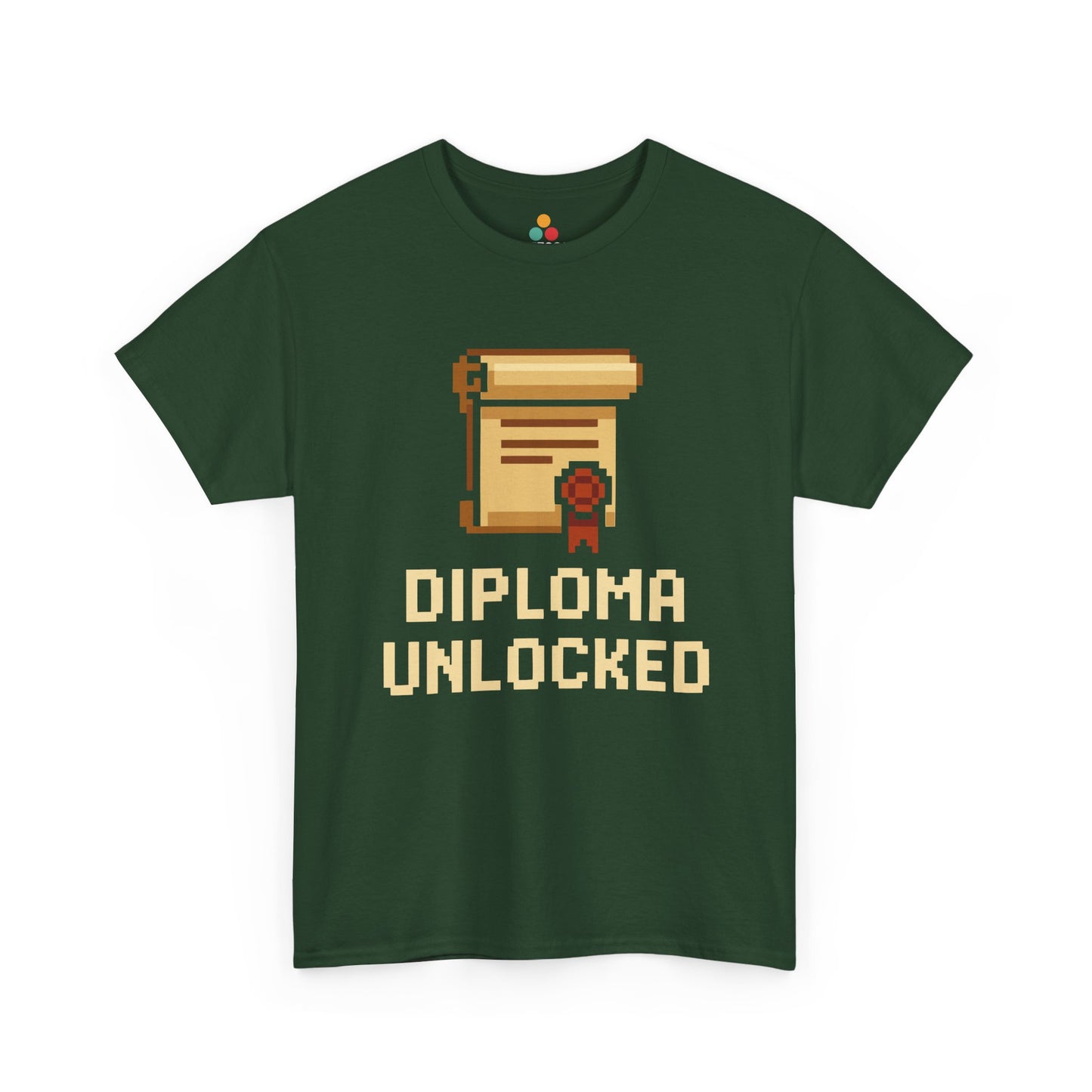 Green t-shirt with pixel art diploma and 'Diploma Unlocked' text on a white background