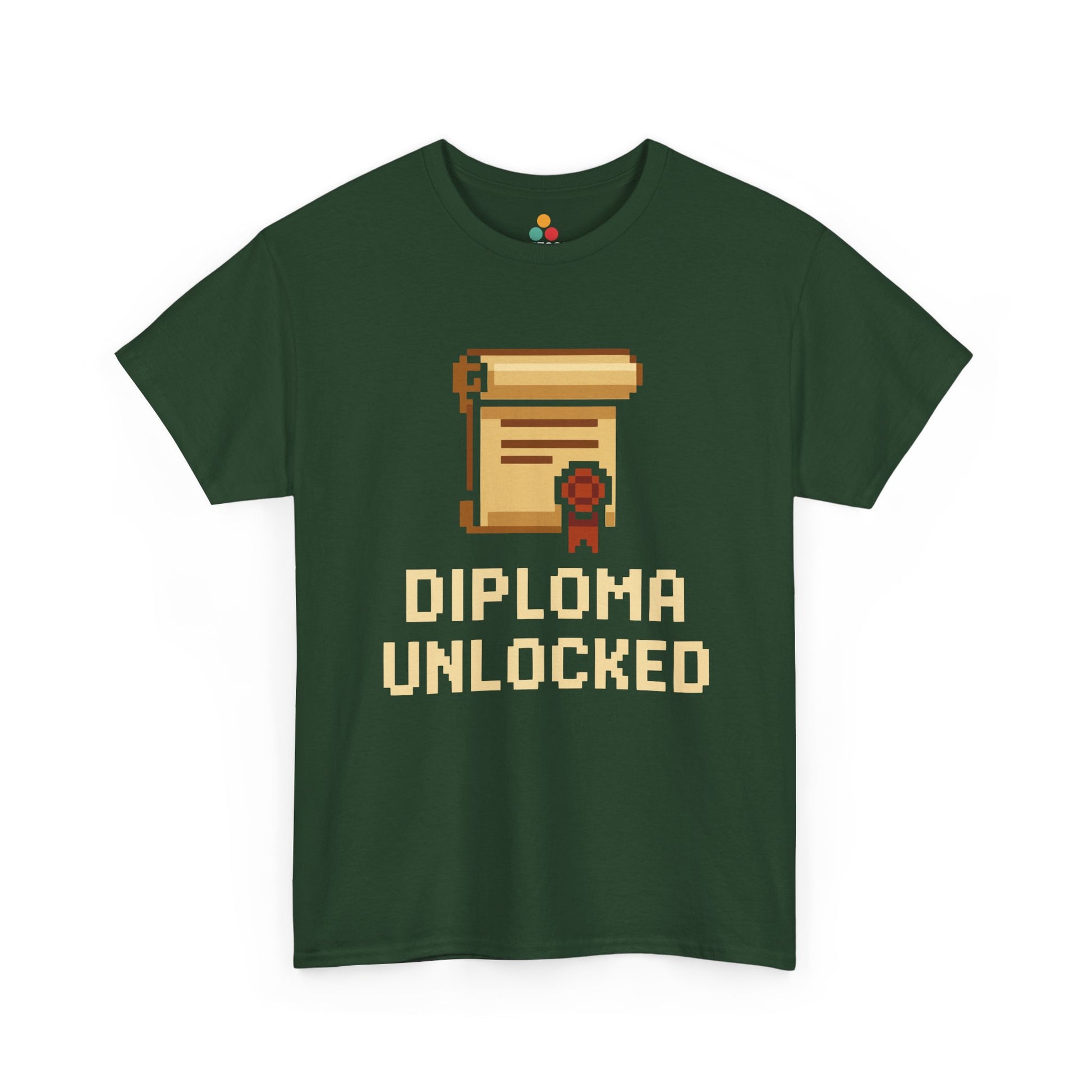 Green t-shirt with pixel art diploma and 'Diploma Unlocked' text on a white background
