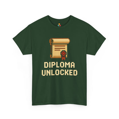 Green t-shirt with pixel art diploma and 'Diploma Unlocked' text on a white background