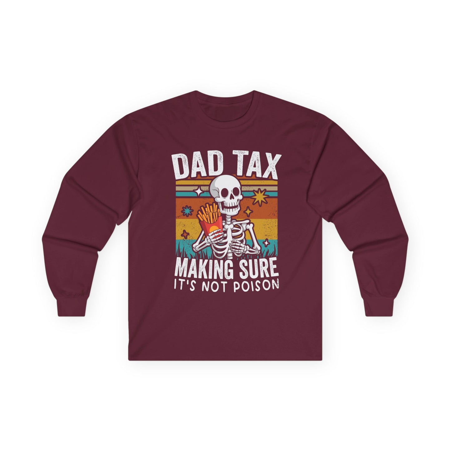 Maroon long-sleeve shirt with skeleton graphic and text on a white background