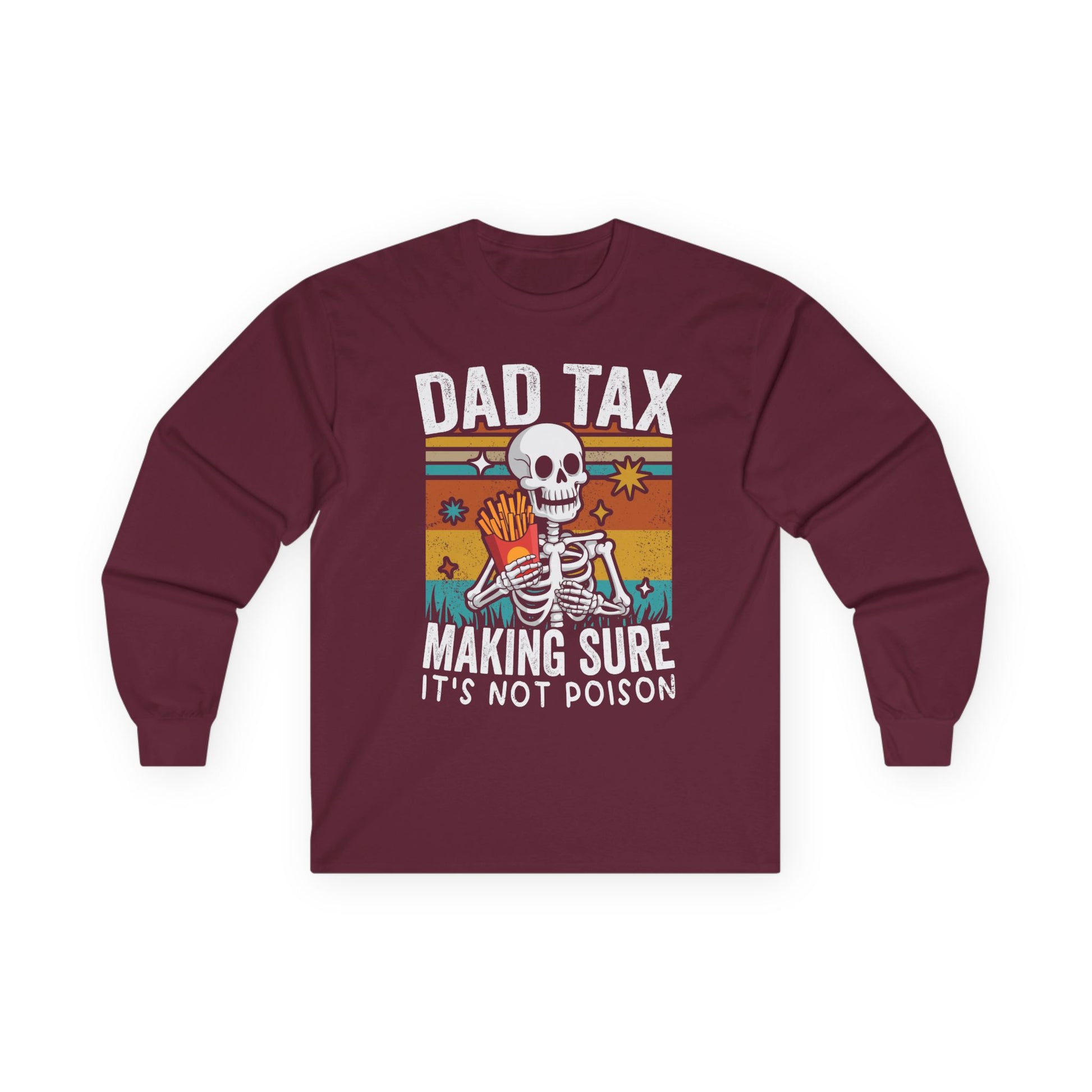 Maroon long-sleeve shirt with skeleton graphic and text on a white background