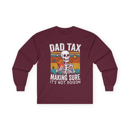 Maroon long-sleeve shirt with skeleton graphic and text on a white background
