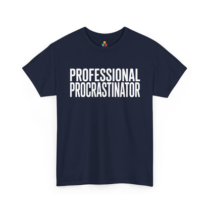 Navy blue t-shirt with 'PROFESSIONAL PROCRASTINATOR' text on a white background  | TEEZOCA