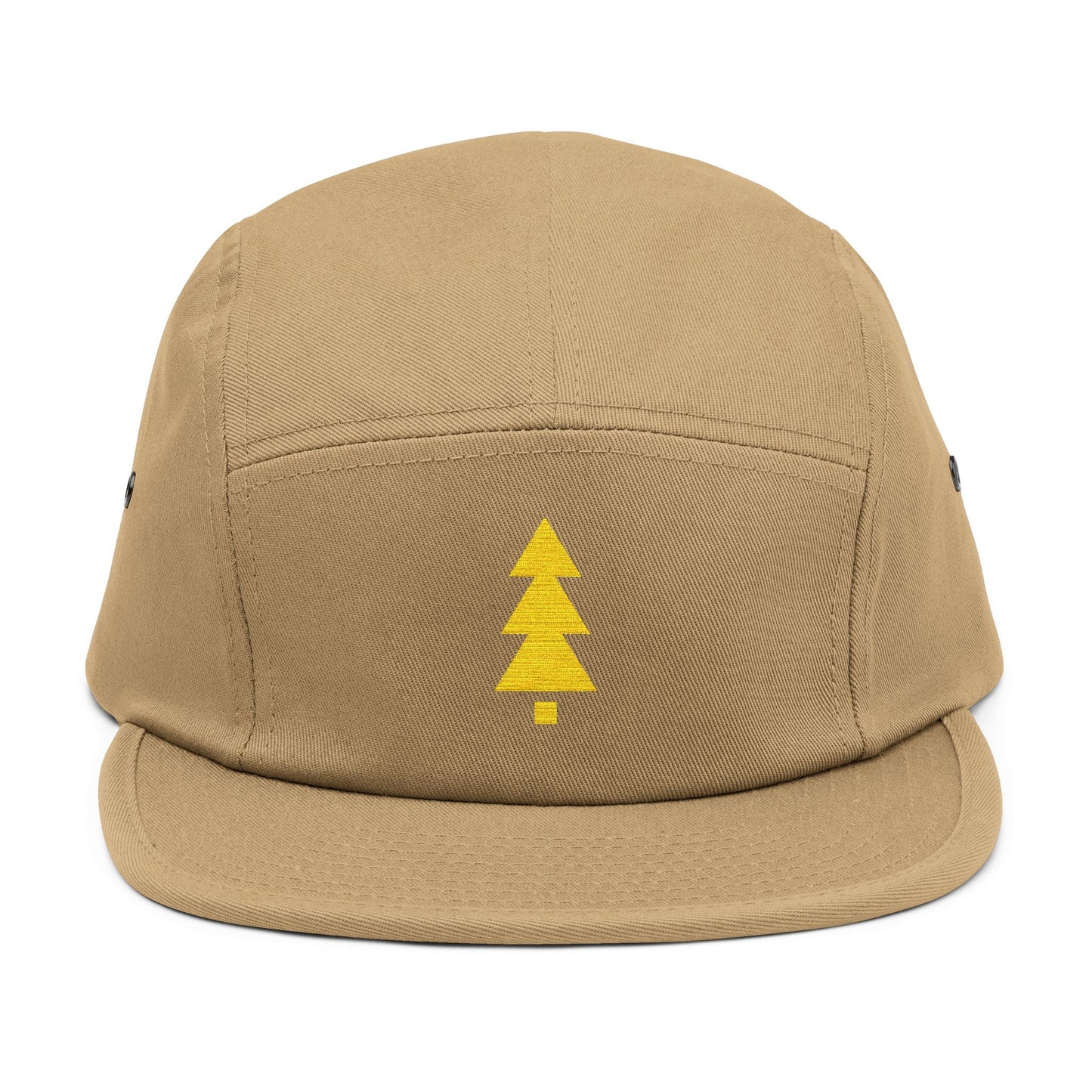 Beige cap with a yellow tree logo on a white background. Minimalist geometric Christmas tree embroidery icon in gold. TEEZOCA