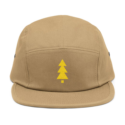 Beige cap with a yellow tree logo on a white background. Minimalist geometric Christmas tree embroidery icon in gold. TEEZOCA