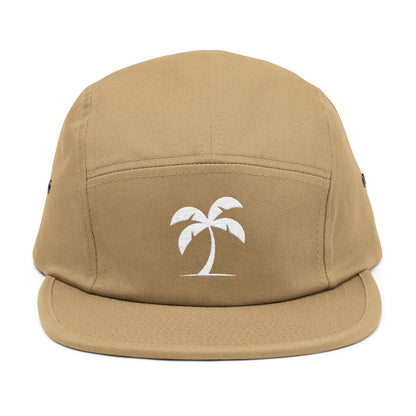 Beige cap with a white palm tree design on a white background. Minimal palm tree silhouette embroidery design on 5-panel cap. TEEZOCA