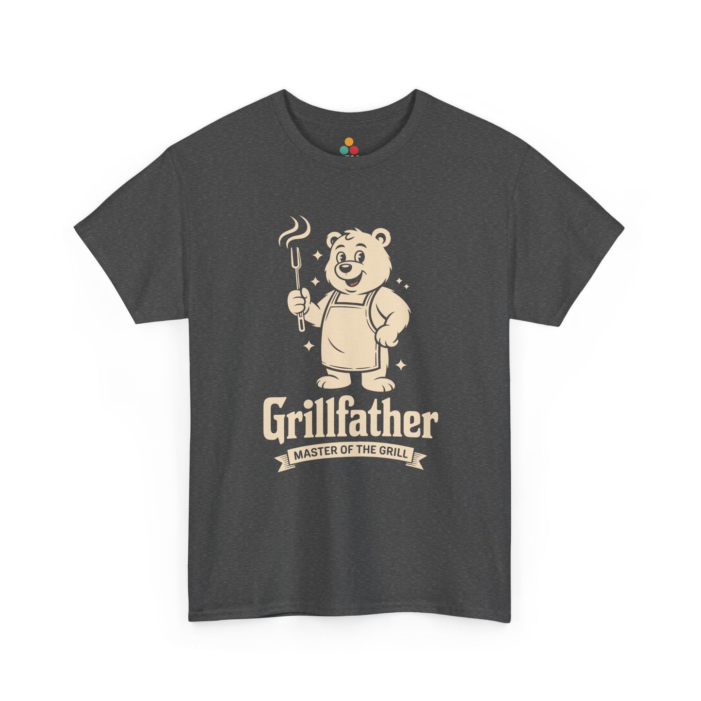 TEEZOCA charcoal gray “Grillfather Master Of The Grill” funny grillmaster T‑shirt shown flat.