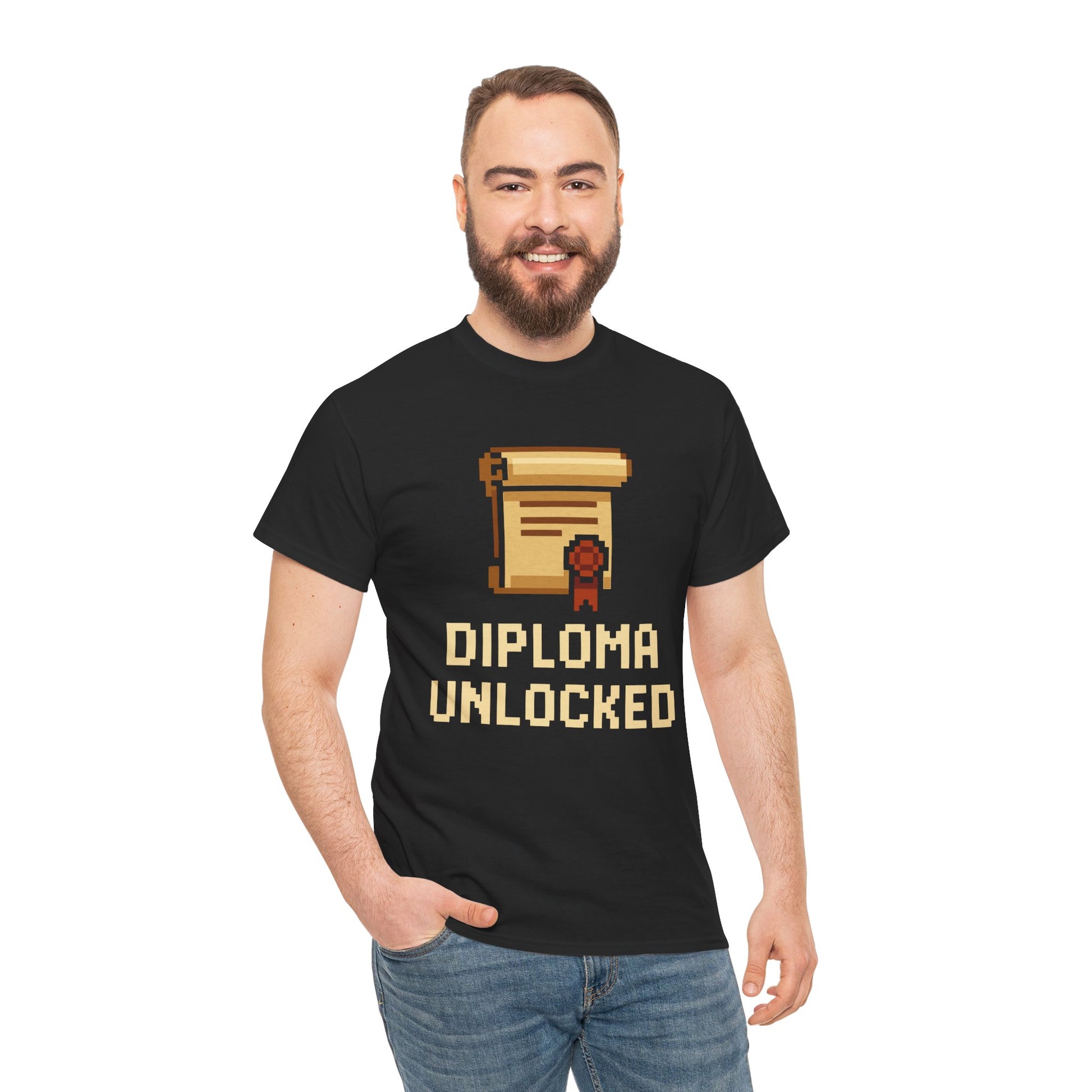 Man wearing a black t-shirt with 'Diploma Unlocked' graphic design on a white background