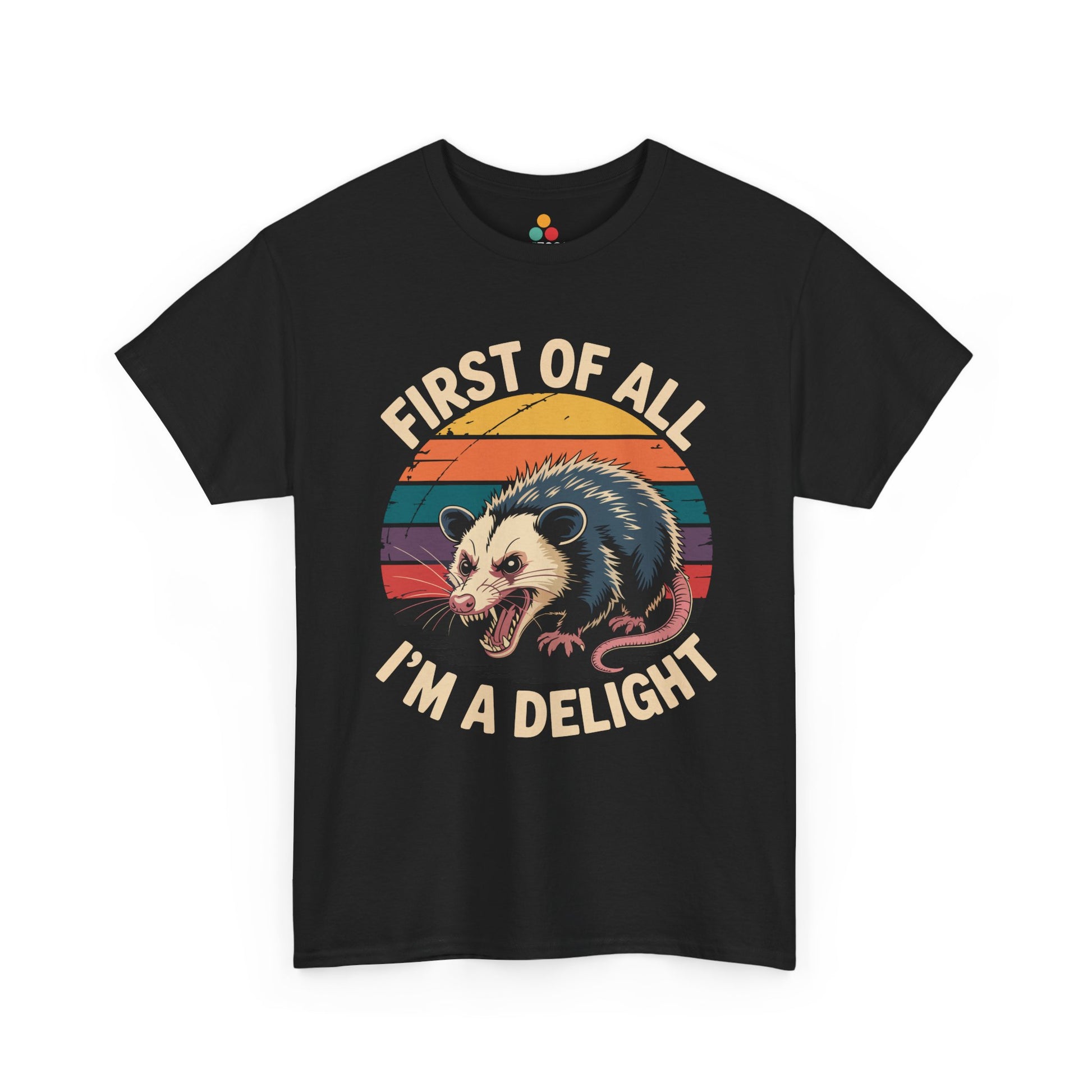 TEEZOCA black “First Of All I’m A Delight” retro opossum t‑shirt shown flat.