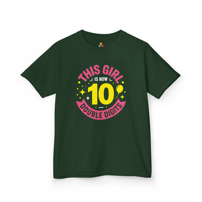 "Forest green 'This Girl is Now 10 Double Digits' t‑shirt, bold yellow 10 with pink text and decorative stars, girls birthday tee, front view."

