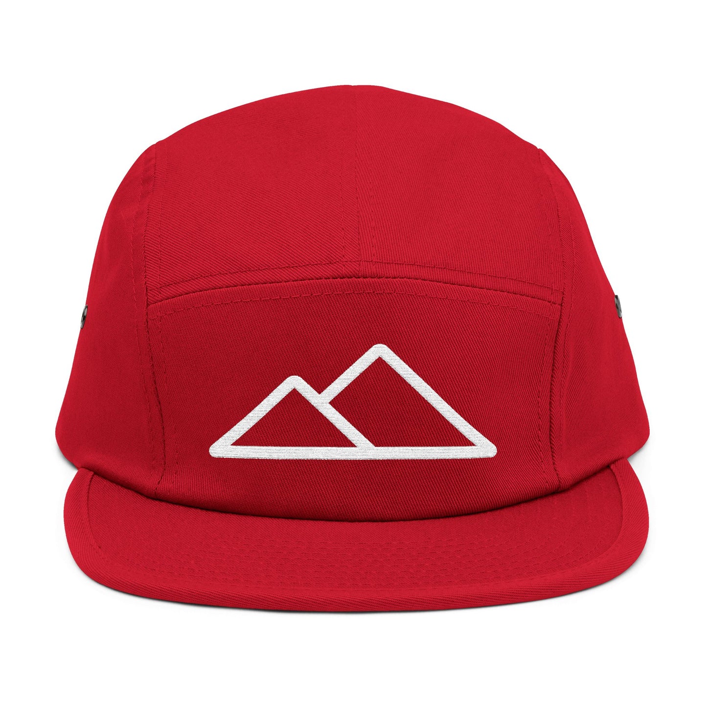 Red cap with a white mountain logo on a white background. Minimal mountain outline design embroidered on a 5-panel cap. TEEZOCA