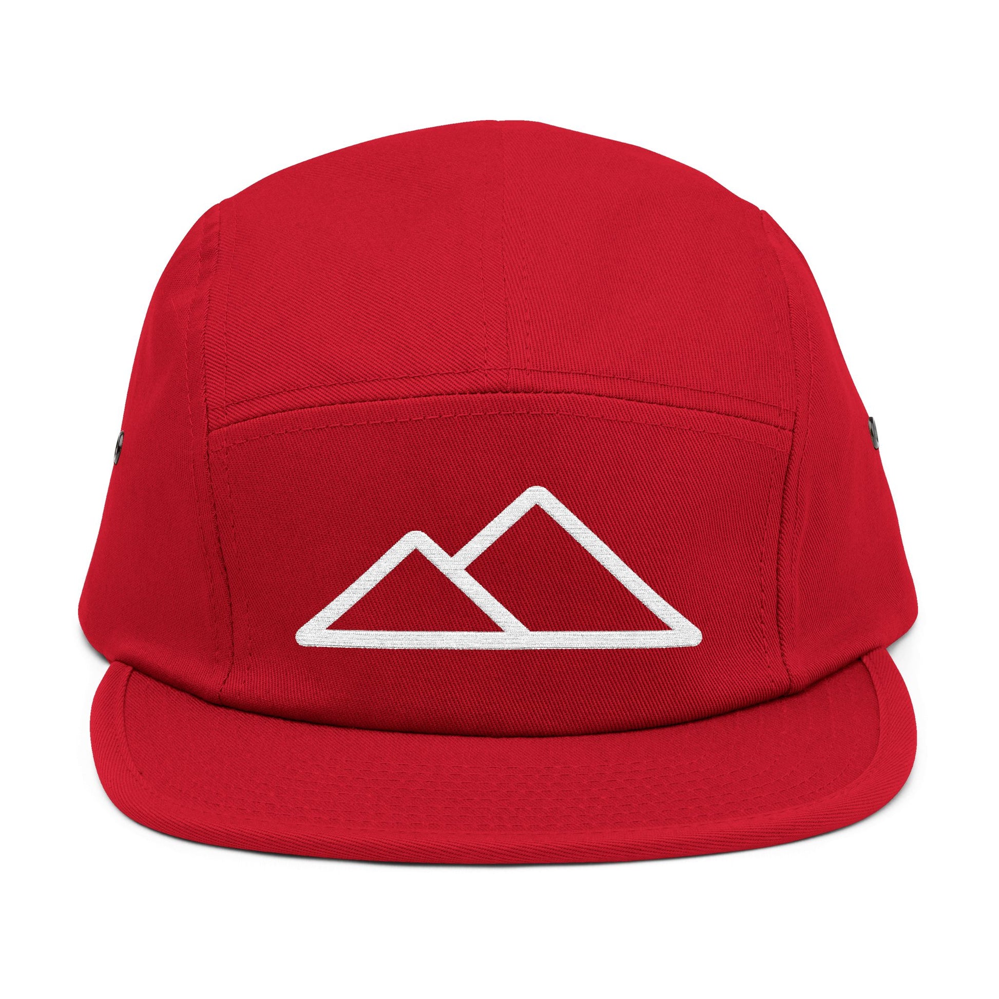 Red cap with a white mountain logo on a white background. Minimal mountain outline design embroidered on a 5-panel cap. TEEZOCA