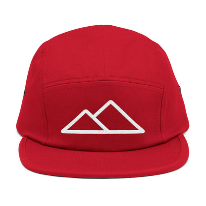 Red cap with a white mountain logo on a white background. Minimal mountain outline design embroidered on a 5-panel cap. TEEZOCA