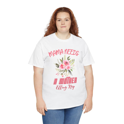 Woman wearing a white TEEZOCA “Mama Needs A Mother Effing Nap” funny tired mom tee with jeans.