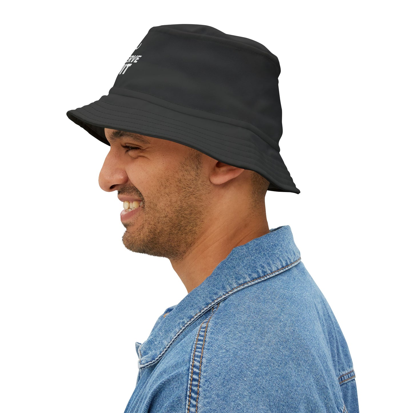 Funny black bucket hat with white text 'My last nerve just quit' on a white background. TEEZOCA