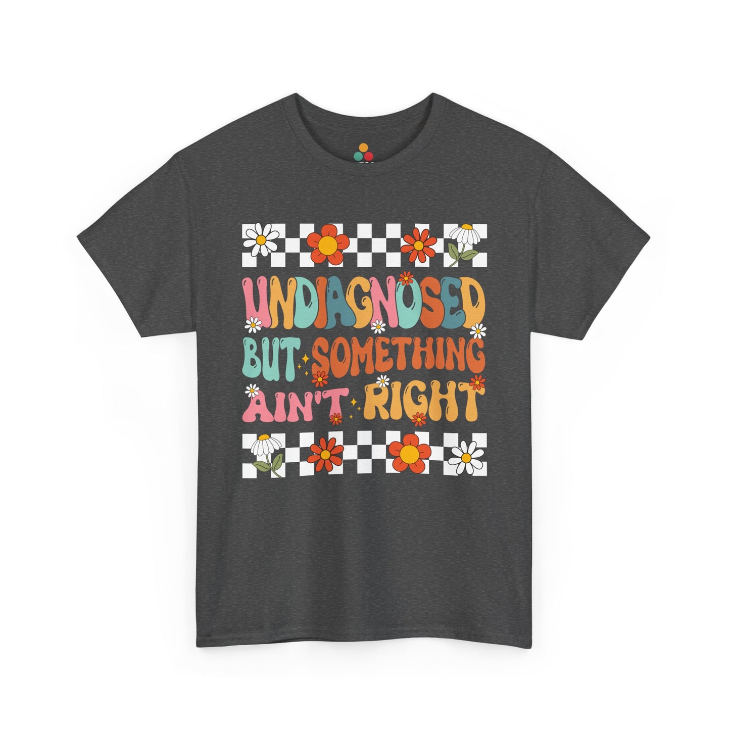 Gray t-shirt with colorful graphic design and text on a white background