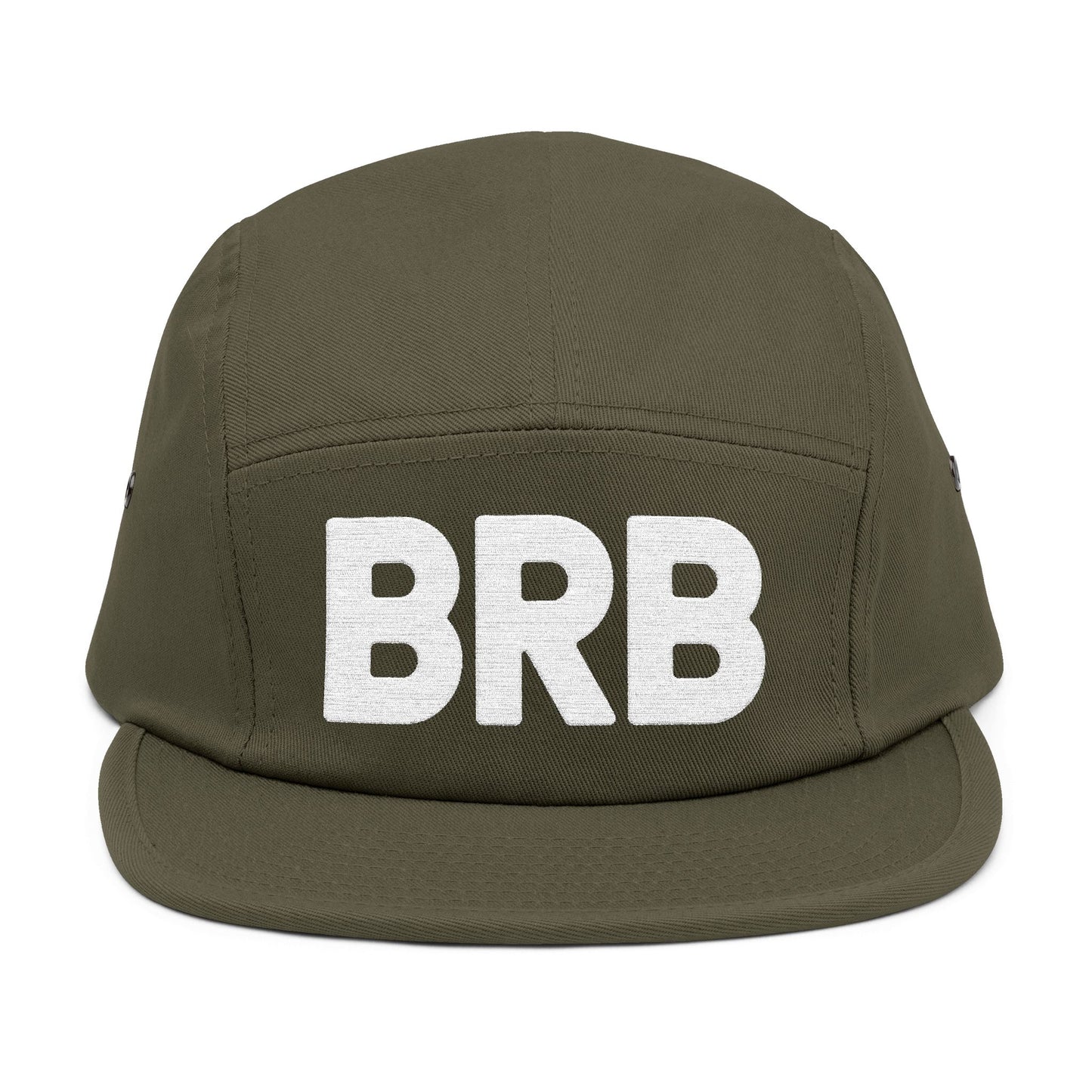 Green cap with 'BRB' on a white background. Simple BRB typography graphic in clean white. TEEZOCA