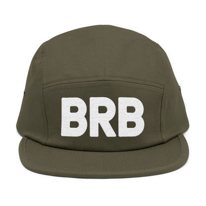 Green cap with 'BRB' on a white background. Simple BRB typography graphic in clean white. TEEZOCA