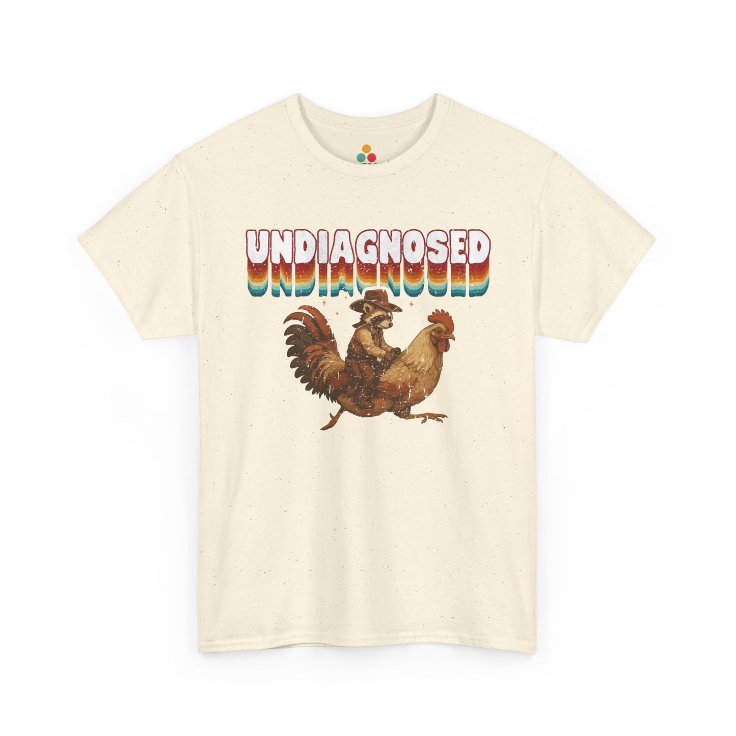 Beige t-shirt with a rooster graphic and 'undiagnosed' text on a white background