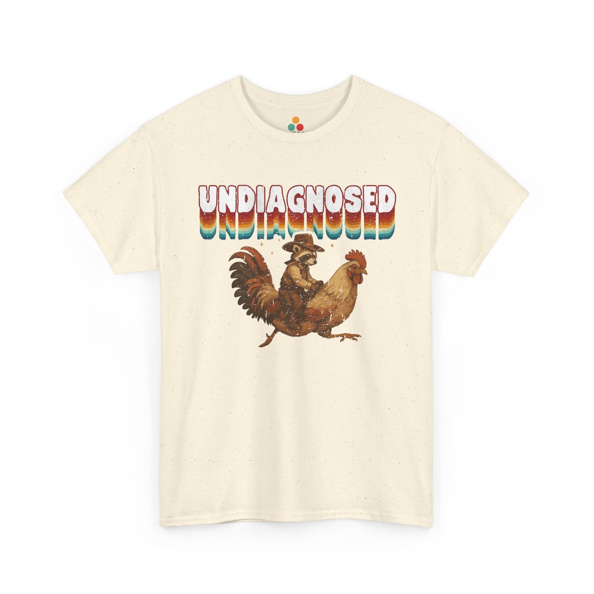 Beige t-shirt with a rooster graphic and 'undiagnosed' text on a white background