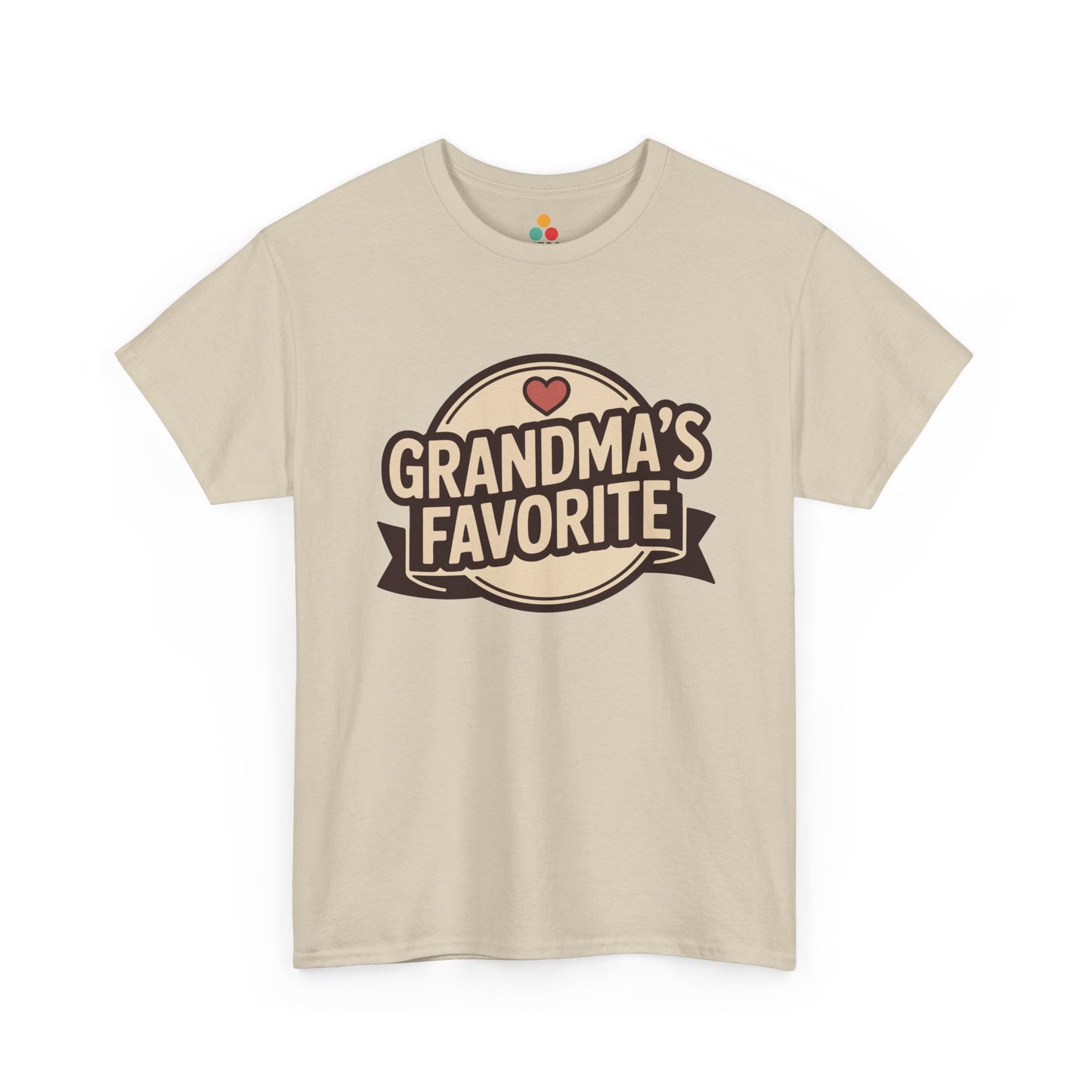TEEZOCA beige “Grandma’s Favorite” heart badge t‑shirt displayed flat.