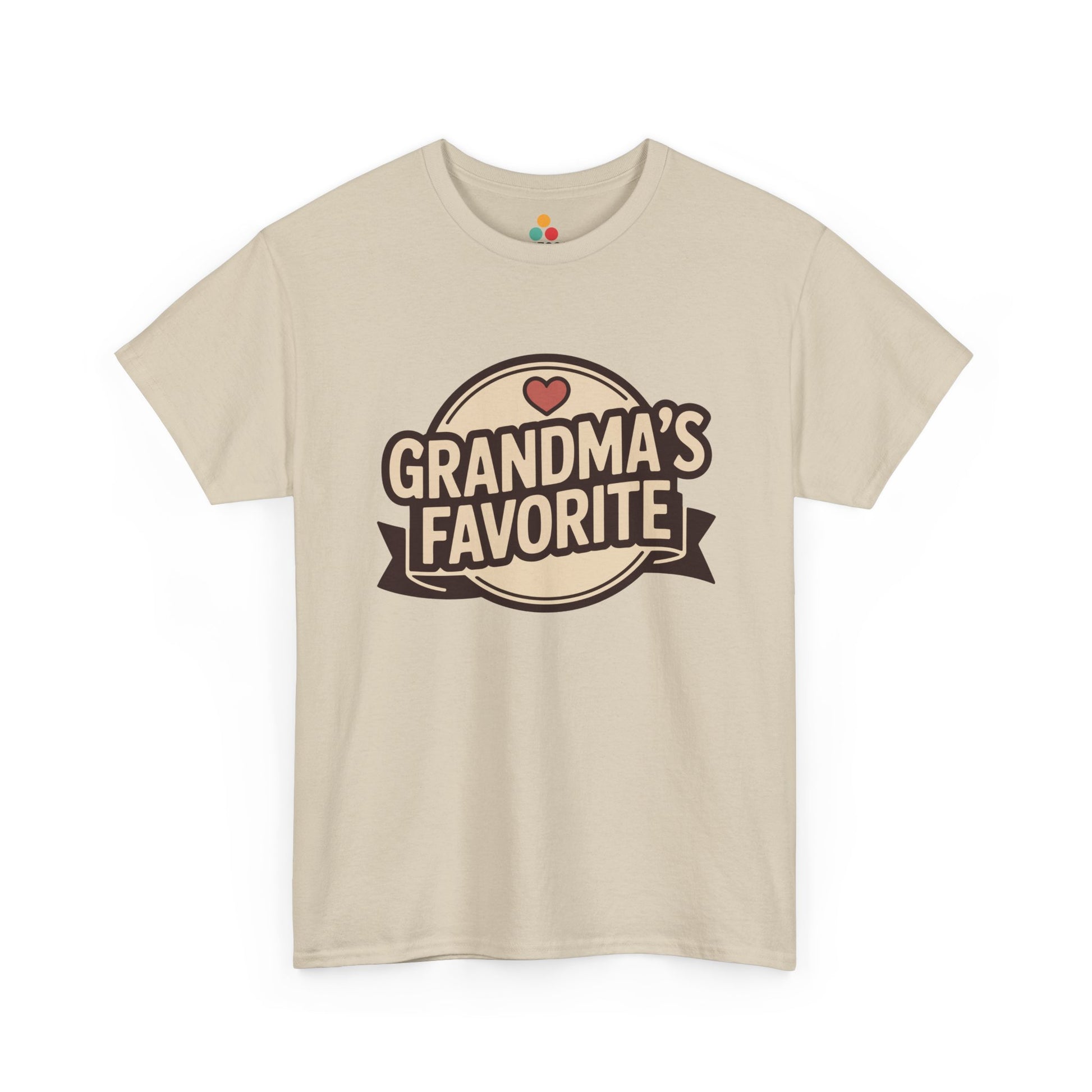 TEEZOCA beige “Grandma’s Favorite” heart badge t‑shirt displayed flat.