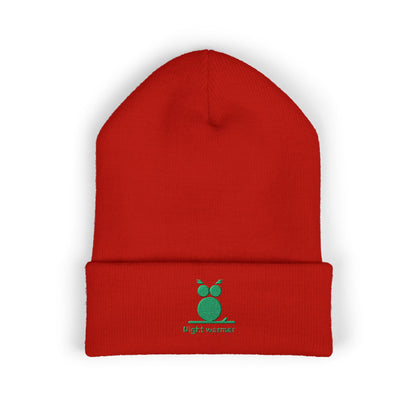 Red beanie. Green embroidered emblem on soft cuffed winter beanie