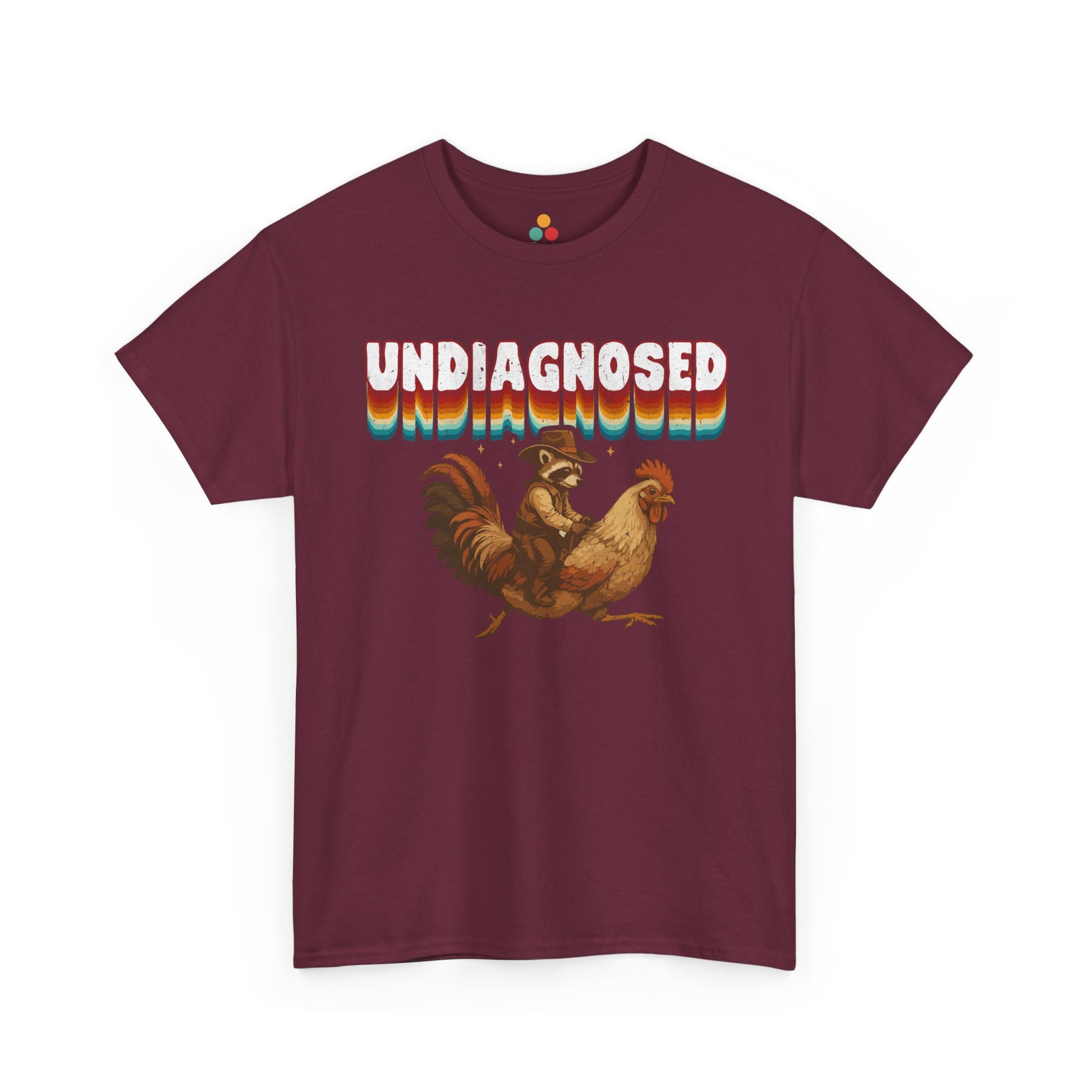 Maroon t-shirt with rooster graphic and 'undiagnosed' text on a white background