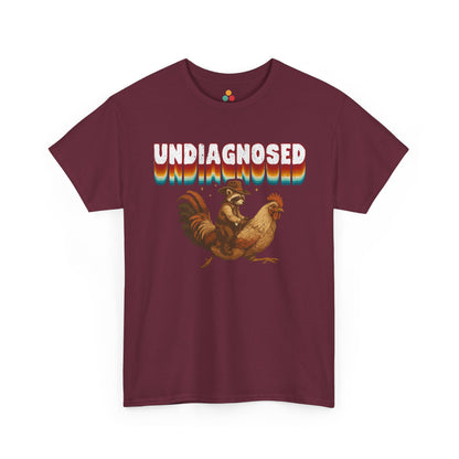 Maroon t-shirt with rooster graphic and 'undiagnosed' text on a white background