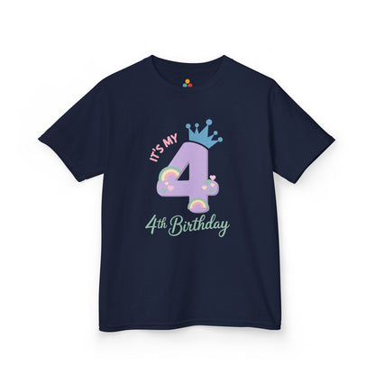 Navy kids’ t‑shirt with lavender 4, teal crown, pastel rainbows and hearts, and “It’s My 4th Birthday” text, flat front view.
