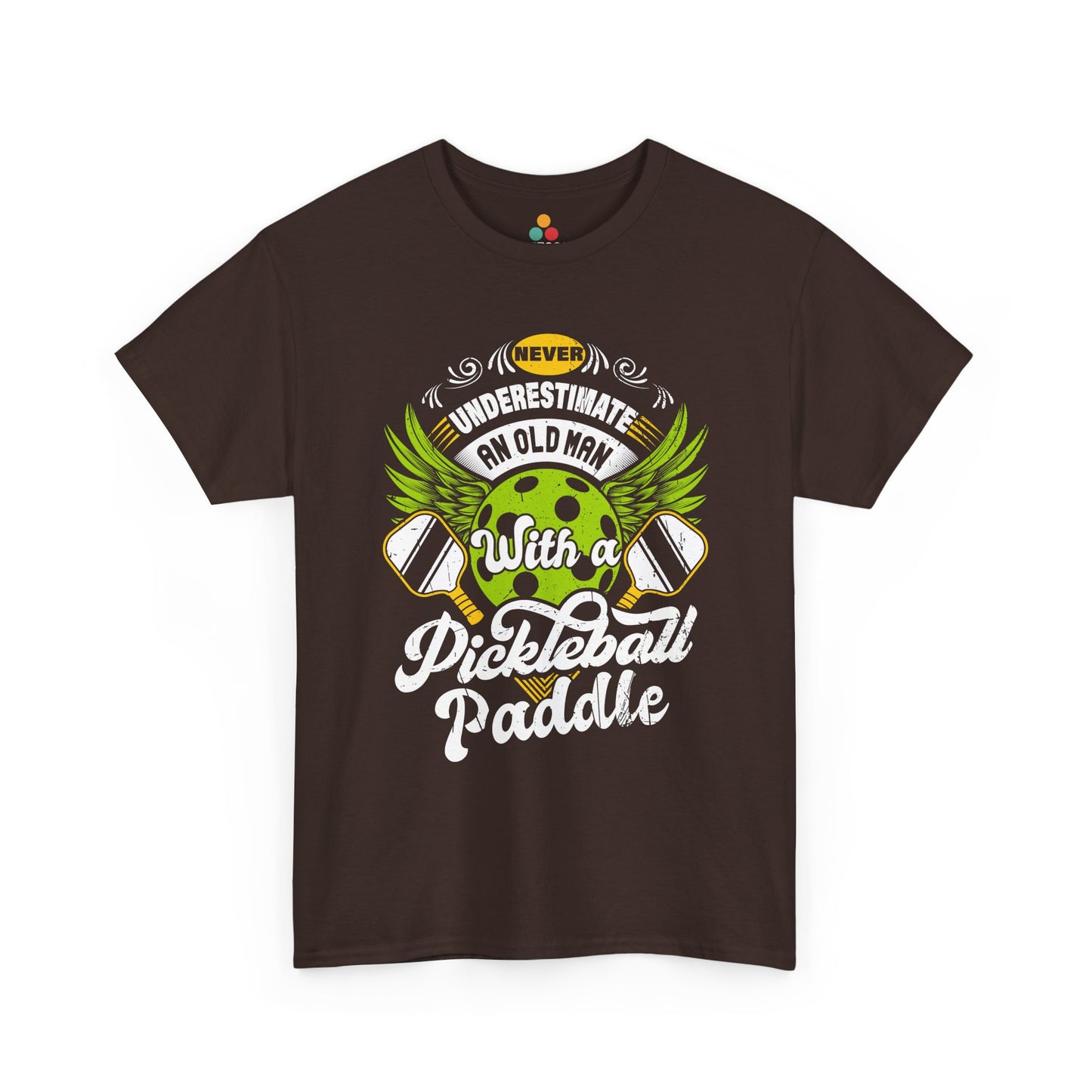 “Teezoca brown Never Underestimate an Old Man with a Pickleball Paddle shirt, vintage white script and neon green ball graphic, front display.”

